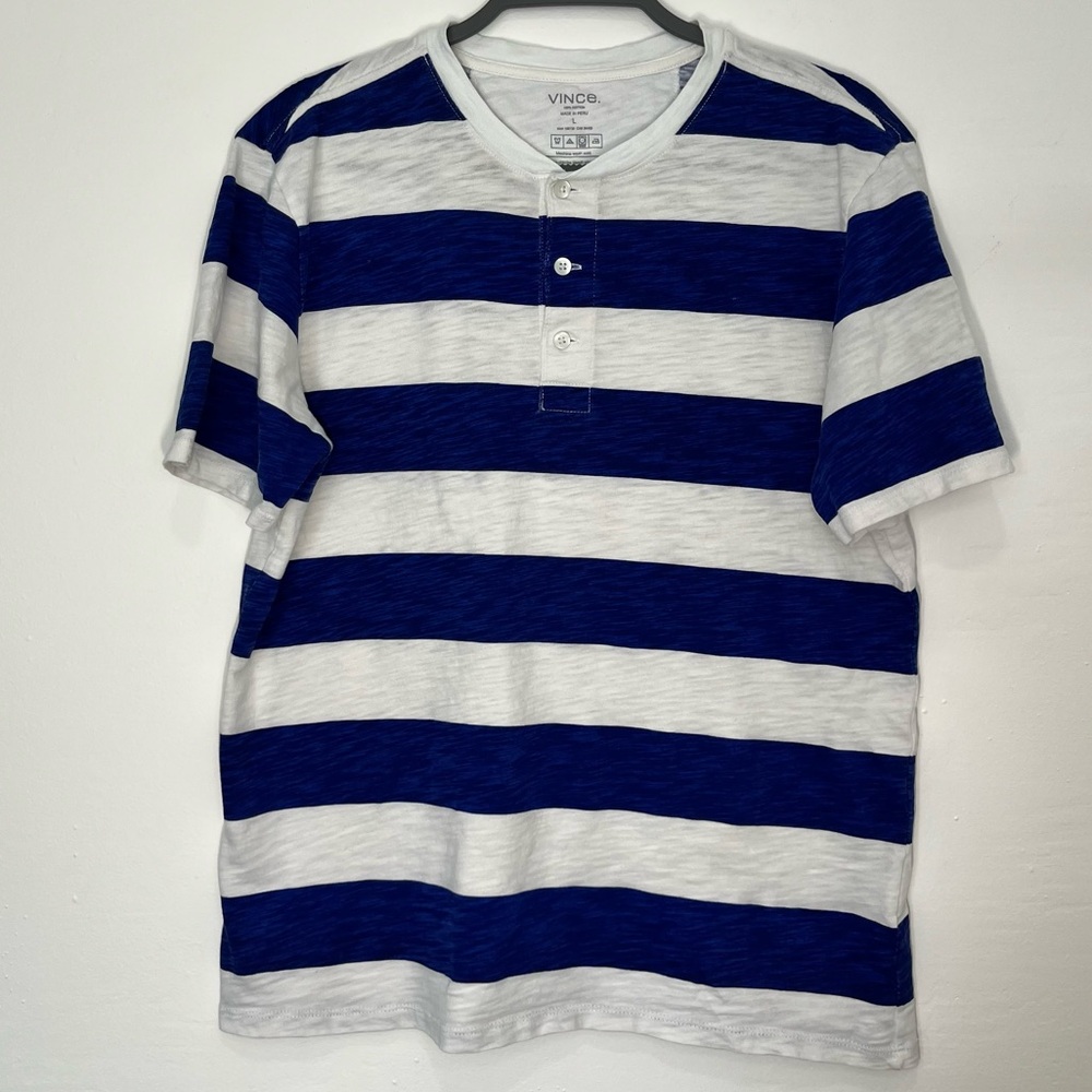 Vince Blue White Striped Henley Shirt Large 100% Cotton Peru